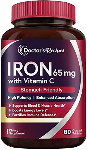 Doctor’s Recipes Iron 65 mg Carbonyl Iron with Vitamin C, Maximized Absorption Easy on The Stomach, Red Cells Formation, Blood, Heart, Brain, Muscle & Immunity Health, Vegan Non-GMO 60 Tablets