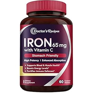 Doctor’s Recipes Iron Supplement 65 mg with Vitamin C – Maximized Absorption, Stomach Friendly & High Potency Iron Pills for Red Blood Cells Formation & Immunity Health – Vegan Non-GMO 60 Iron Tablets