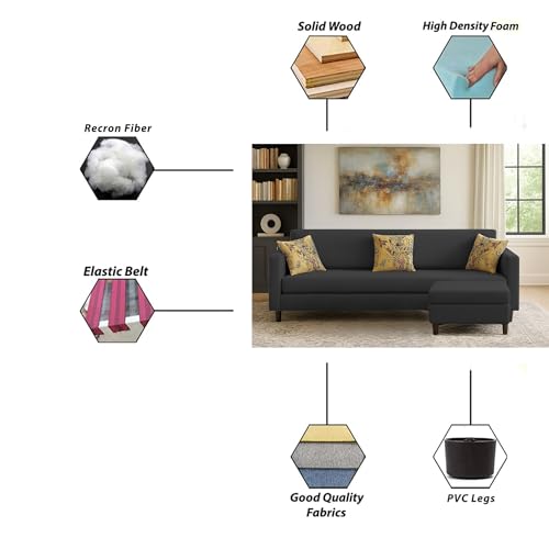Image of Casaliving Premium Lifestyle Fabric 5 Seater L Shape Sofa Set 4 Seater Modern Sofa Set & Ottoman for Living Room (Black Color)