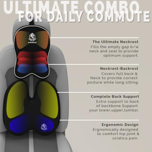 Image of MRRON Orthopedic Memory Foam Lumbar Backrest & Neck Rest Cushion for Car Seat - Ergonomic Car Back & Neck Support Pillow Combo - Pain Relief for Long Drives, Sciatica, Posture (Black, BacKpro)