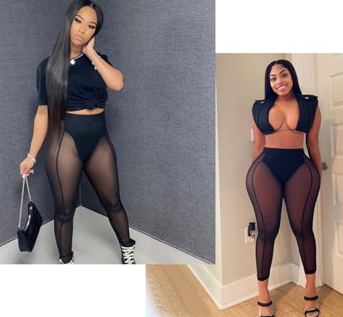 Image of Women's Sexy See Through Sheer Mesh Pants Leggings High Waist Casual Sweatpants Tights