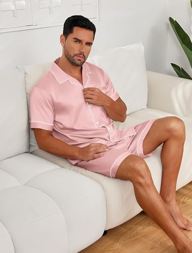 Vssjavun Mens Satin Silk Pajamas Sets Short Sleeve Button-Down Sleepwear Two Piece Loungewear with Pockets