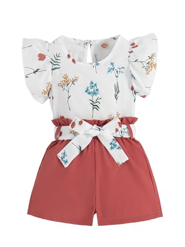 Image of Girls 2 Piece Outfits Summer Clothes Ruffle Short Sleeve Shirts Top and High Waist Shorts Set with Belt