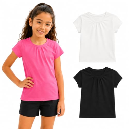 Image of Bienzoe Plain Solid Girls T-Shirts: School Basic Tee 3-Pack | Short Sleeve, Ages 4-13, PE, Recess, Outdoor Play, Soft Cotton Blend, Breathable Quick-Dry, Easy Care, Easy to Mix and Match