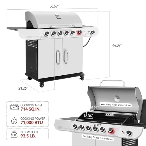 Royal Gourmet SG6002R 6-Burner Propane Grill with Sear Burner and Side Burner, Stainless Steel Cabinet Style Gas Grill with 71,000 BTU Output, for Outdoor Patio Garden Picnic Backyard Cooking, Silver - Thumbnail 3