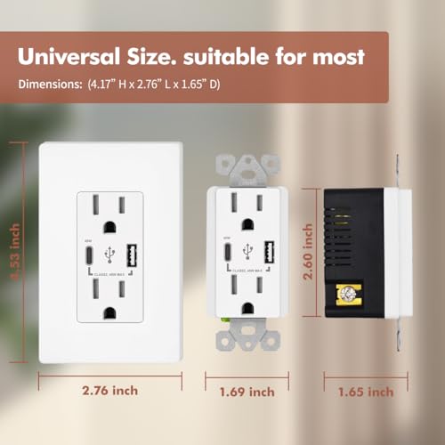 Micmi USB C Outlet PD 45W Power Delivery Decorator Receptacle 4.8A Receptacle, in-Wall Charger with 15 Amp, 125 Volt Tamper-Resistant Outlet Charger (1, White, USB C+A PD 45W) - Thumbnail 3