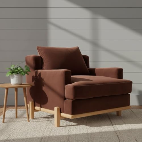 Image of Lakdi The Furniture Mid-Century Modern Velvet Accent Chair with Natural Wood Base, Removable Cushion & High Density Foam Seating | 5 Years Warranty | Free Assembly - 15185193