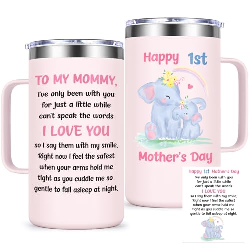 Qtencas First Mothers Day Gifts for New Mom, New Mom Gifts, 1st Mothers Day Gift 20 Oz Insulated Mug with Card, First Time Mommy Gift from Husband, Rose Quartz