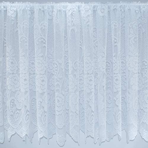 Rose Floral Pattern Traditional Jacquard White Net Curtain With Scalloped Bottom. 42inch (107cm) drop. Sold by the metre by Kelly's Soft Furnishings