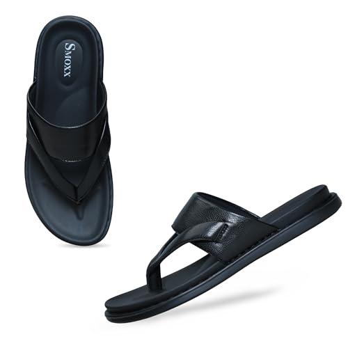 Image of Men's Solid Casual Flat Slipper, Faux Leather Slip-on V-Strap Fashion Slipper For Men