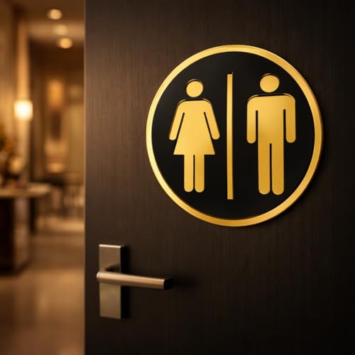 Image of Men & Women Round Acrylic Signage Sticker - Self Adhesive Black Gold Restroom Sign for Office, Cafe, Hotel, Restaurant & Commercial Spaces - Waterproof Premium Label