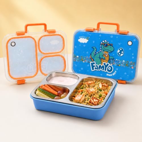 Image of Famyo Stainless Steel Lunch Box for Kids, with 3 Compartments, 800ml | Bento Lunch Box | Leakproof Tiffin Box | BPA-Free & Food Safe, Ideal for Meals & Snacks
