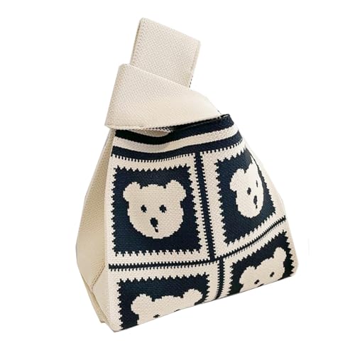 SZETOSY Häkelte Tragetasche für Frauen, gestrickte Schulter Handtaschen Weste gestrickte Handtaschen für Frauen Mädchen mit Verlängerungsband Strandtasche Eimer Tasche Beige Bär