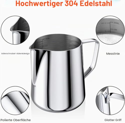 Foto von Gvolatee 350ml Milchkännchen zum Milchaufschäumen 304 Edelstahl, Milchkanne mit Messung Mark 12oz für Barista, Milch Pitcher für Cappuccino, Latte Art,Espresso, Perfekt für Kaffeeliebhabe, Silber