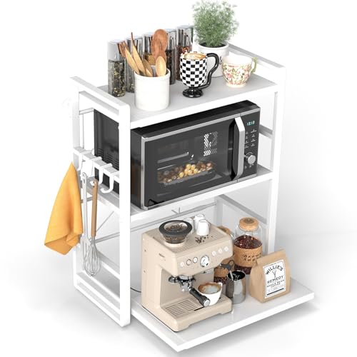 BeSokar Estantería para microondas de 3 puertas, altura ajustable y extensible, con cajón, de acero al carbono, incluye ganchos y ventosas de refuerzo, estante para panadería (blanco)