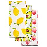 GMIcréatifs 3 Pack Kitchen Tea Towels, Dish Towels, Lemons, Strawberry and Avocado Prints, one of Each, 100% Cotton, Cloth, Soft, Measuring 16”x 24" inches