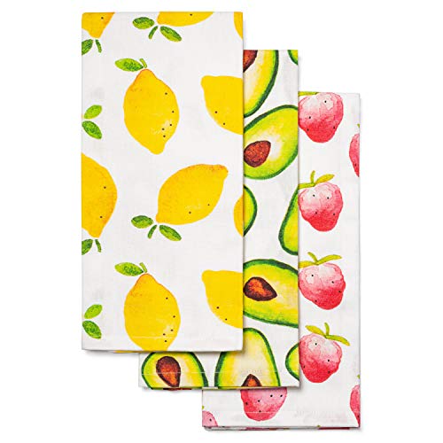 GMIcréatifs 3 Pack Kitchen Tea Towels, Dish Towels, Lemons, Strawberry and Avocado Prints, one of Each, 100% Cotton, Cloth, Soft, Measuring 16”x 24" inches