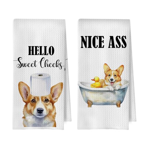 BlissfulAbon Funny Corgi Bathroom Towels Set - Corgi Gifts Decorative Waffle Weave Hand Towels for Toilet Bathroom, 16×24 Inches Set of 2