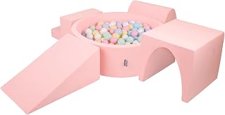 KiddyMoon Parque Infantil De Espuma con Rodondo Piscina De Bolas (300 Bolas) para Niños, Rosa: Azul Pastel/Amarillo Pastel/Blanco/Menta/Rosa Claro