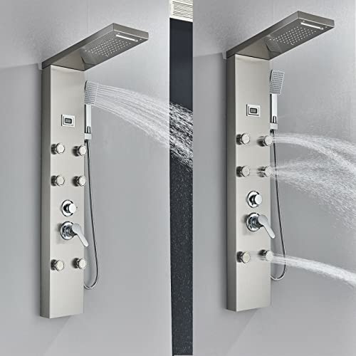 Columna de ducha con panel de masaje, sistema de ducha lluvia y cascada, acero inoxidable miniatura 3