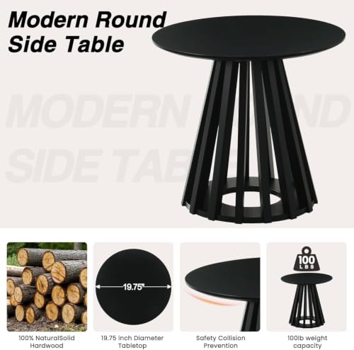 Image of Black Round Fluted Small End Table Set of 2, 19.7 inch Side Table Nightstand