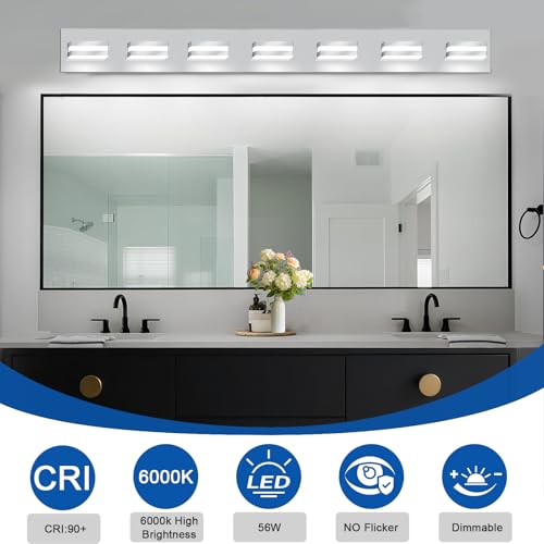 Image of IZORRO LED Modern Bathroom Lights Fixtures(7-Light,Dimmable,360Rotate),Chrome Acrylic Wall Lighting,Vanity Lights for Bathroom Over Mirror - 6000k 40In (No Assembly Required)