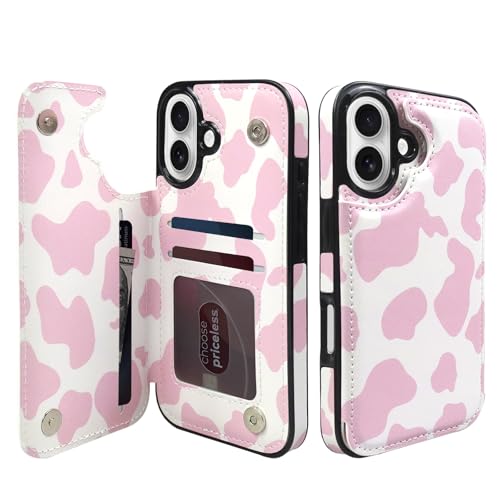 Étui portefeuille iPhone 16 motif vache rose antichoc avec porte-carte pour femme