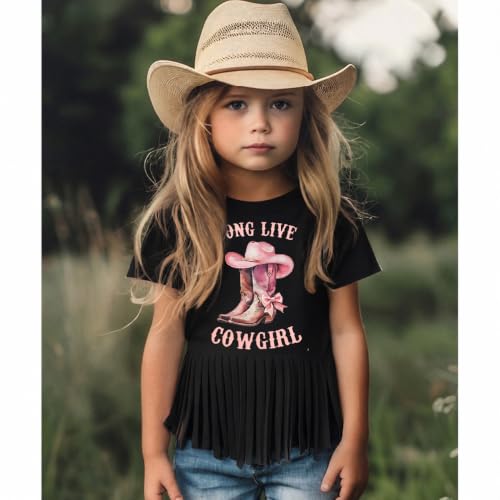 Image of Girls Western Shirt Cowgirls Embroidered Country Concert T Shirt Graphic Horseback Rider Tassel Fringe Tee Tops