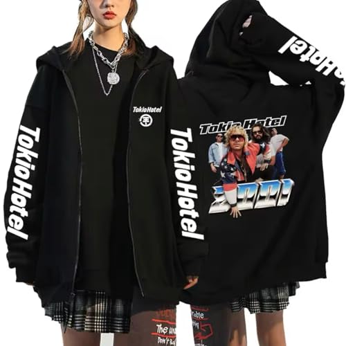 KUNIIS Tokio Hotel Sweat à Capuche Zippé Graphique, Noir, Unisexe, Impression sur Les Manches, Tailles S-3XL (Black-25,Grand)