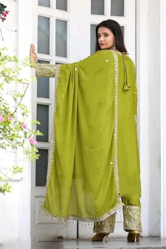 Image of Traditional Embroidered Pakistani Salwar Kameez Set, Pista Green, Cotton Silk with Zari Work