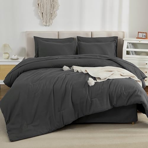Litanika Twin/Twin XL Size Comforter Sets Grey Dark Grey - 5 Pieces Bed in a Bag Twin/Twin XL Bedding Comforter Sets, Solid Lightweight Bed Set with Comforter, Sheets, Pillowcase & Sham