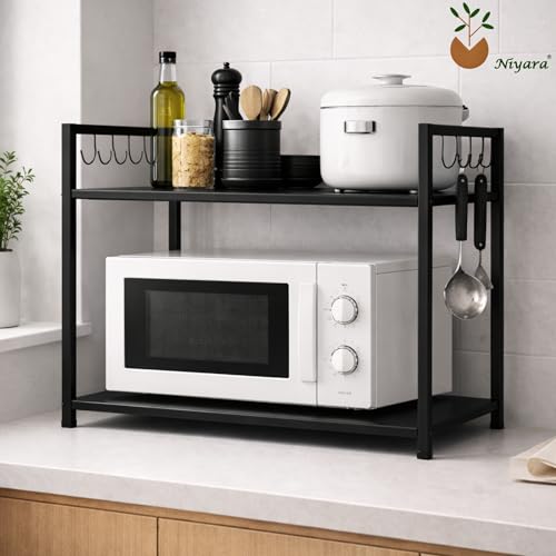 Image of Niyara Multipurpose 2-Tier Microwave Oven Stand Rack | Heavy Duty Metal Kitchen Storage Shelf Organizer with Side Hooks for Utensils, Jars & Appliances (Black)