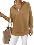 PRETTYGARDEN Womens Long Sleeve Quarter Zip Pullover Sweater Casual Loose V Neck Collared Ribbed Knit Jumper Tops Thumb Hole(Khaki,Medium)
