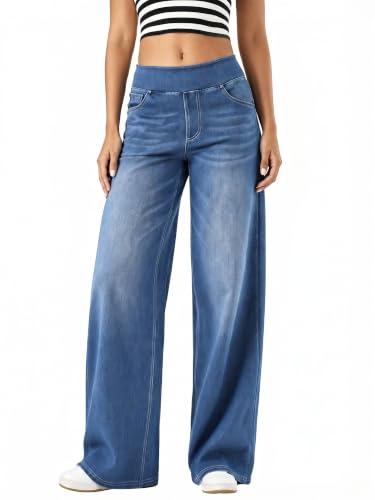 Image of High Waisted Flattering Jeans for Women, Denim Pants with Multiple Pockets, Wide Leg, Loose Fit, Stretchy Baggy, Straight Leg, Fashion Casual (UK, Alpha, M, Regular, Regular, Medium Blue)