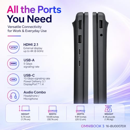 Image of HP OmniBook 3 16 inch Next-Gen AI Business Touchscreen Laptop, Intel Core Ultra 7 255U (12-Core), 32GB DDR5 RAM, 1TB SSD, WUXGA IPS Display, Numeric Keypad, Wi-Fi 7, Windows 11