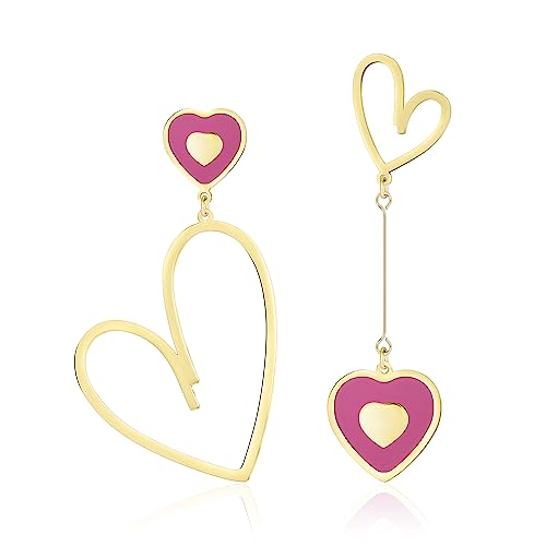 Linawe Big Heart Earrings for Women Trendy, Asymmetrical Lover Dangle Earrings, 14K Gold/Rose Gold/Silver Stud Earrings Dangling, Gift for Her, fusha heart dangle gold, Acrylic Stainless Steel Resin,