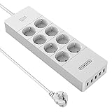 [page_title]-8-Fach Steckdosenleiste, NTONPOWER Anschraubbar 5 USB Mehrfachsteckdose Überspannungsschutz mit Schalter und 1,5 Meter Verlängerungskabel, 4000W 16A EU Stecker- Weiss, MEHRWEG