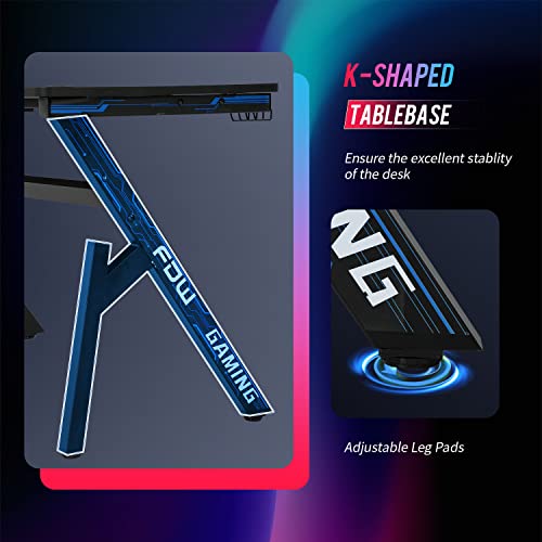 Bestoffice Gaming Desk Computer Desk 47"X 23" Home Office Desk Extra Large Modern Ergonomic Black Pc Carbon Fiber Table Gamer Workstation With Cup Holder Headphone Hook,Blue #TOP5