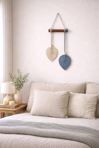 Image of AdFashionble Boho Macrame Wall Hanging Leaf Decor for Home, Living Room & Bedroom | Cotton Thread Art with Wooden Rod | Minimalist Handmade Wall Decoration | Aesthetic Nordic Wall Art for Home, Office & Gift Purpose Lenght- 58 cm Width- 15 cm (GREY & OFFWHITE)