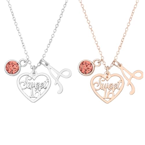 Infinity Collection Sweet 16 Personalized Necklace - Custom Letter and Birthstone Charm, Stainless Steel 16th Birthday Jewelry Gift for Girls