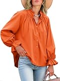 Tankaneo Womens Puff Long Sleeve Button Down Shirts Pleated V Neck Cotton Blouses Loose Fit Casual Ruffle Tops Orange