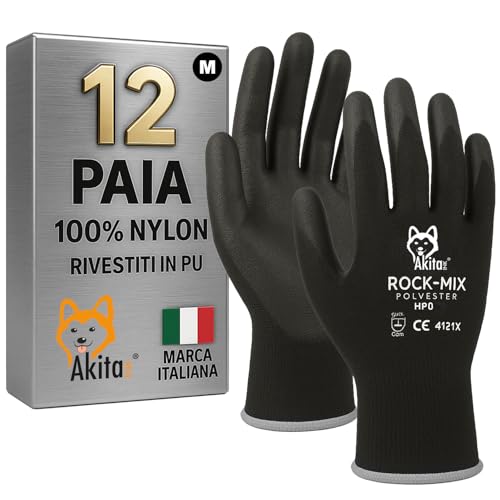AKITAInk 12 Paia Guanti da Lavoro protettivi in fibra di nylon con rivestimento in poliuretano Resistenza all'Abrasione e Multiuso (M / 8)