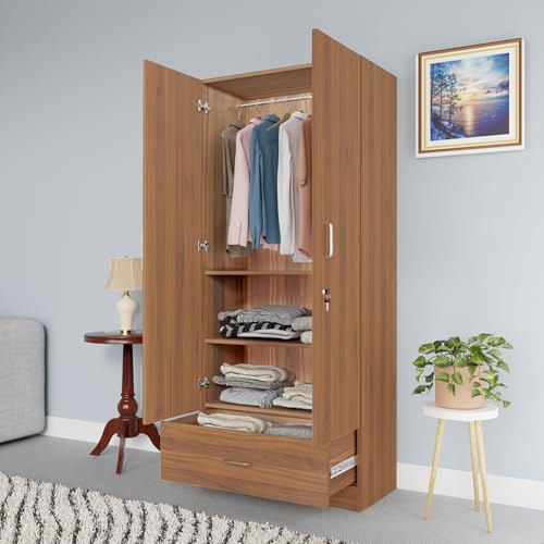 Image of VIKI Wardrobe |Wooden Almirah for 2 Door Wardrobe with 1 Drawer & Hanging Space (Brussel Walnut - 40D x 80W x 180.8H) | 1 Year Warranty | Free Assembly