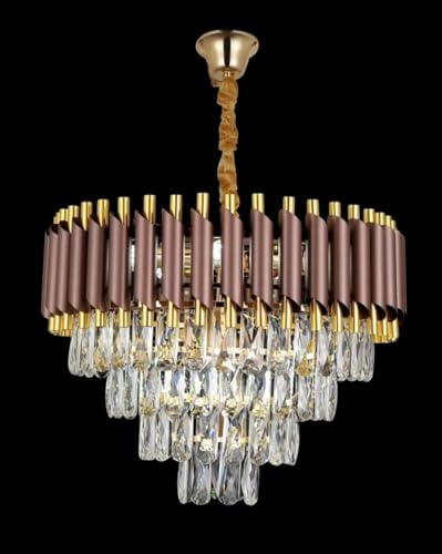 Image of Modern Ceiling Lamp 3-Tier Round Crystal Chandelier for Living Room | Modern Ceiling Light Jhumar for Hall for Home Decoration + 3 Color LED Light (Brown Gold, 500MM)
