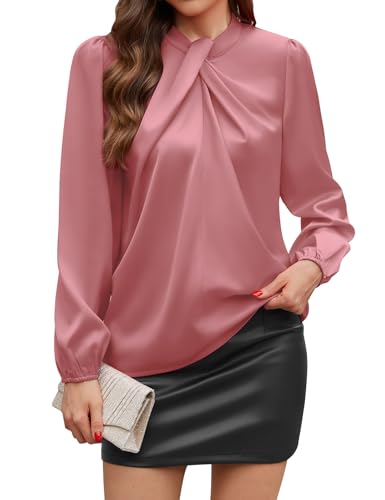 PASUDA Chemisier Femme Satin Blouse Chic et Élégant à Manches Longues Haut Col Noué Ample Chemise Couleur Unie Tunique Top de Soiree Bureau Business Fête (Rose Foncé, L)