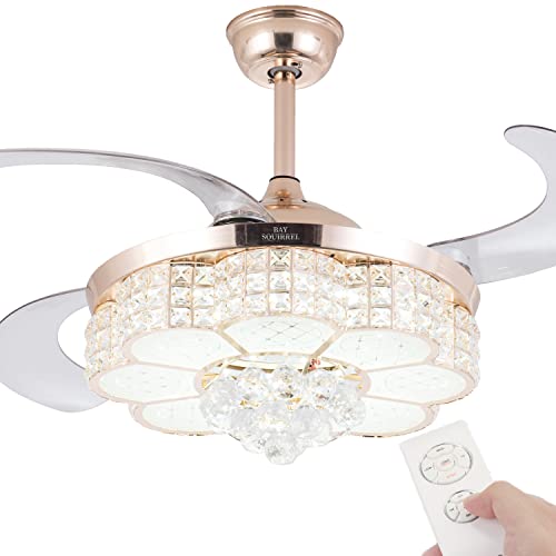 BAYSQUIRREL Crystal Ceiling Fan with Light and Remote LED Modern Retractable Invisible Ceiling Fan 3 Light Change Silent Fan Chandelier 36W (Gold, 42 inch)