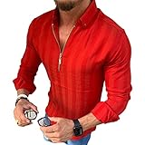 Men's Long Sleeve Lapel Casual Striped Zipper Shirt Fashion Golf Shirts Zip Business Athletic Tennis T-Shirt (Red,Large)