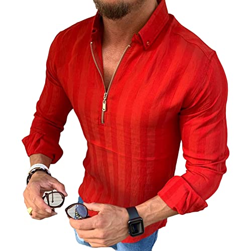 Men's Long Sleeve Lapel Casual Striped Zipper Shirt Fashion Golf Shirts Zip Business Athletic Tennis T-Shirt (Red,Large)