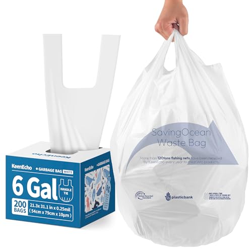 Small Trash Bags with Handles 6 Gallon 200 Count White - Ocean Plastic Upcycling - Plastic Garbage Bags, Can Bin & Waste Basket Liner for Kitchen, Bathroom, Office and Pets by KeenEcho - Used condition - CA$23.74