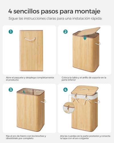 Miniatura 9 de Songmics Cesto De La Ropa Sucia Con Tapa, 72 L, Cesta De Lavandería De Bambú, Plegable, Con Bolsa Lavable Extraíble, Asas, Para Lavandería, Dormitorio, Natural Lcb10y